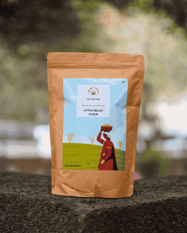 The Deep Soil Little Millet Flour Kutki Atta brown paper package on a stone surface with nature background