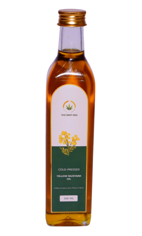 The Deep Soil Cold-Pressed Yellow Mustard Oil, 500 ML, in a clear glass bottle with a yellow mustard flower illustration.