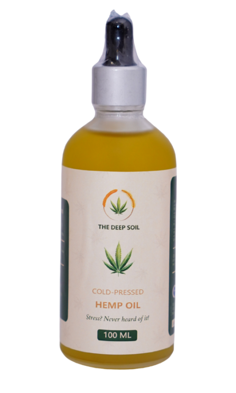 The Deep Soil Cold-Pressed Hemp Oil in 100 ML glass dropper bottle featuring a green hemp leaf logo.