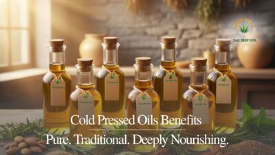Premium cold pressed oils in glass bottles on a rustic wooden table with a Himalayan farm background.