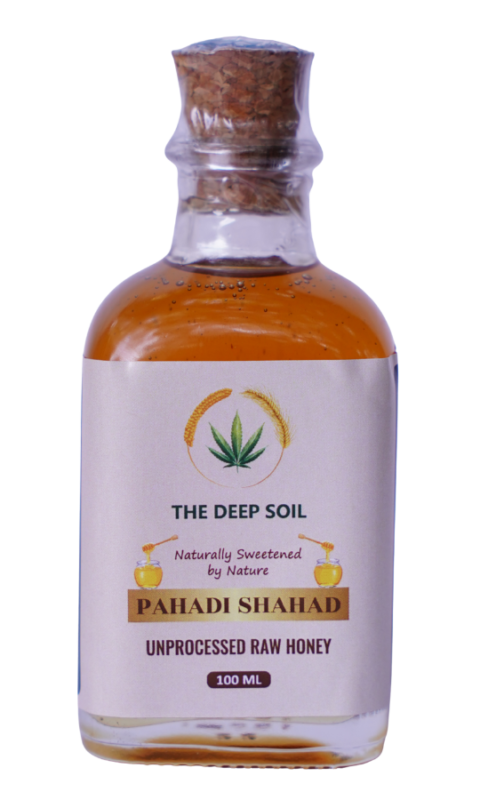 Unprocessed raw pahadi honey in glass bottle by The Deep Soil, naturally sweetened and sourced from Himalayan regions.