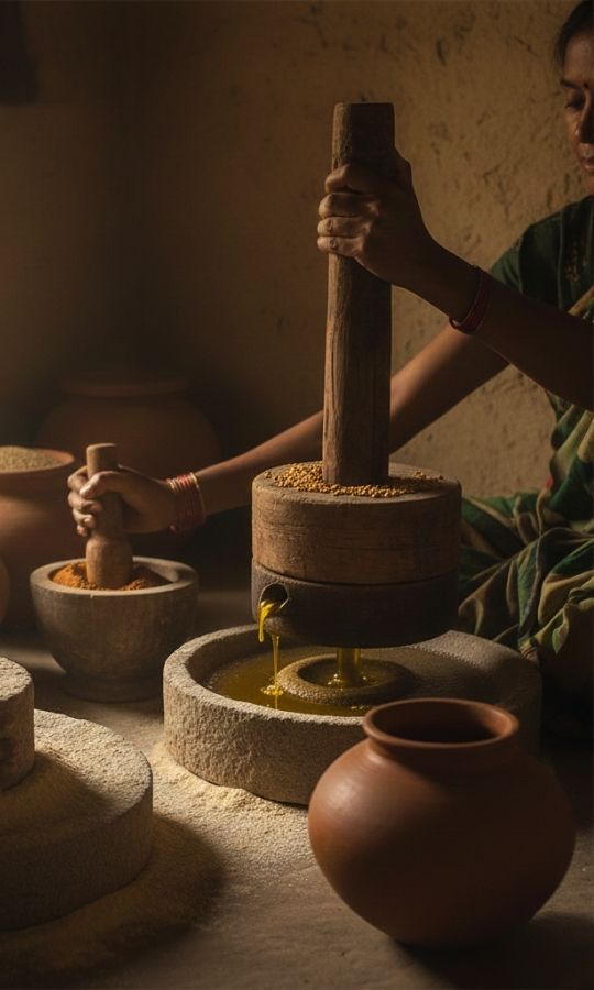 The Deep Soil Cold-Pressed Yellow Mustard Oil in a 500 ML glass bottle with a golden cap and yellow mustard flower graphic.