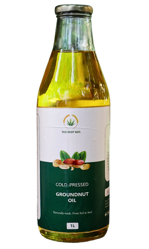 The Deep Soil Cold-Pressed Yellow Mustard Oil in a 500 ML glass bottle with a golden screw cap and mustard flower graphic.