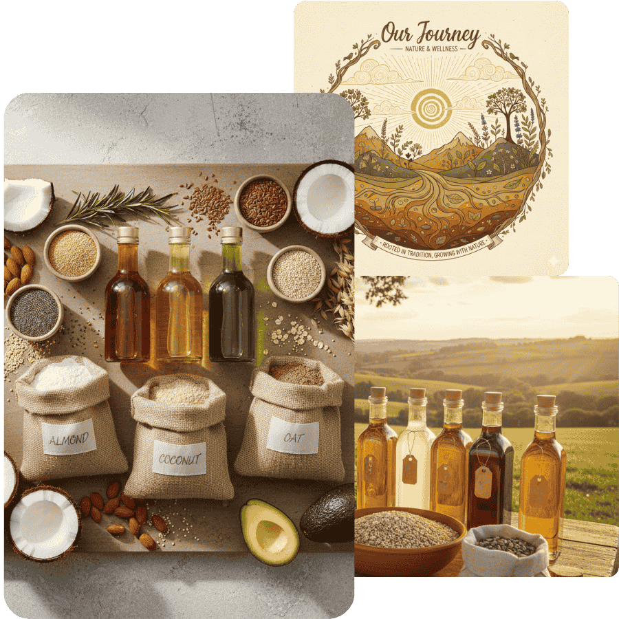 A collage of The Deep Soil products: Cold-Pressed Yellow Mustard, Coconut, and Groundnut Oils, centered among two pouches of natural dry goods.