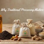 The Deep Soil blog banner showing cold-pressed oil, hemp seeds, turmeric, and ancient grains with the text Why Traditional Processing Matters