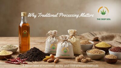 The Deep Soil blog banner showing cold-pressed oil, hemp seeds, turmeric, and ancient grains with the text Why Traditional Processing Matters