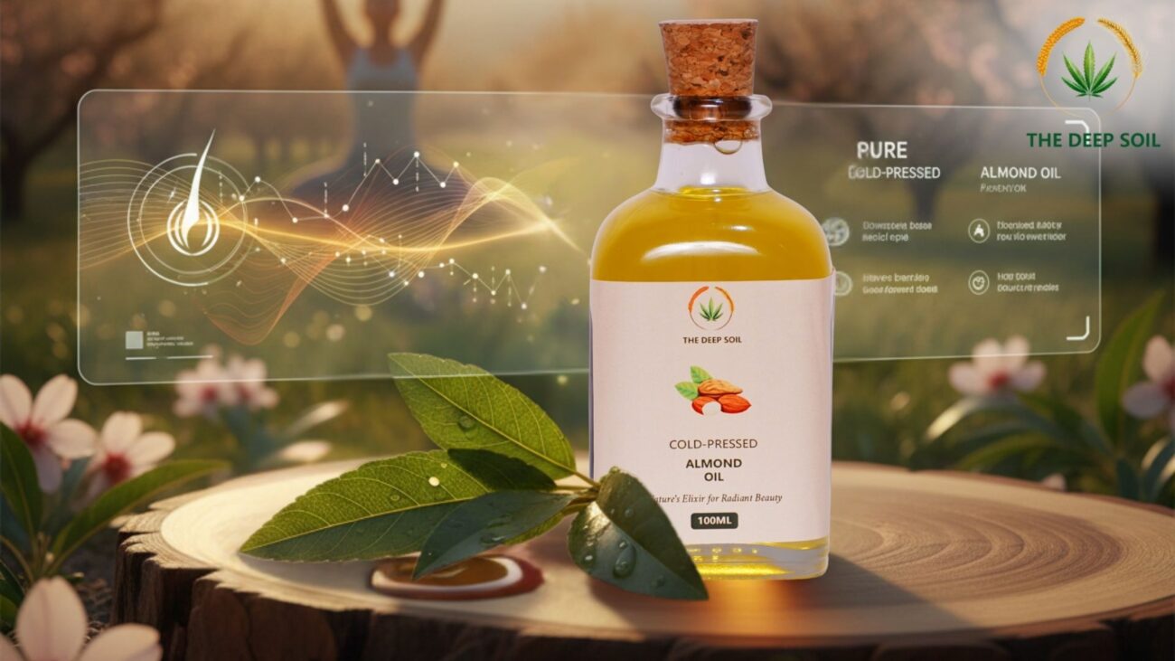 Bottle of The Deep Soil Pure Cold-Pressed Almond Oil displayed on a wooden slice with a digital hair health overlay background.