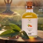 Bottle of The Deep Soil Pure Cold-Pressed Almond Oil displayed on a wooden slice with a digital hair health overlay background.