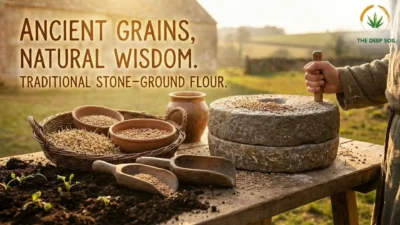 A person in rustic clothing mills grain with a traditional stone quern on a wooden table outdoors. Bowls of ancient grains, sprouted seeds, a wooden scoop, and a clay pot are arranged. In the background are a stone barn and fields at sunset. The text overlay reads "ANCIENT GRAINS, NATURAL WISDOM. TRADITIONAL STONE-GROUND FLOUR." and "THE DEEP SOIL" logo with a cannabis leaf and wheat stalk is in the top right corner.