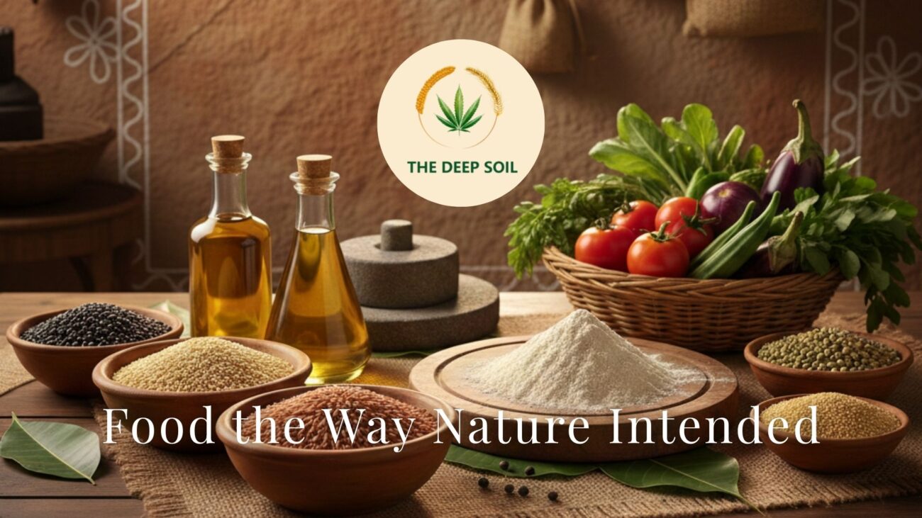 A rustic kitchen display of The Deep Soil organic products including cold-pressed almond oil, whole grains, pulses, and fresh vegetables on a wooden table.