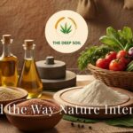 A rustic kitchen display of The Deep Soil organic products including cold-pressed almond oil, whole grains, pulses, and fresh vegetables on a wooden table.