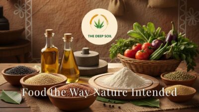 A rustic kitchen display of The Deep Soil organic products including cold-pressed almond oil, whole grains, pulses, and fresh vegetables on a wooden table.