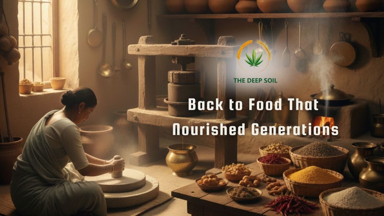 A woman using a traditional stone grinder in a rustic kitchen with a wooden oil press, representing The Deep Soil's traditional food processing.