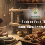 A woman using a traditional stone grinder in a rustic kitchen with a wooden oil press, representing The Deep Soil's traditional food processing.