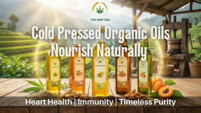 Five bottles of The Deep Soil cold-pressed organic oils—hemp, peanut, mustard, almond, and apricot—lined up on a wooden table against a sunny mountain landscape.