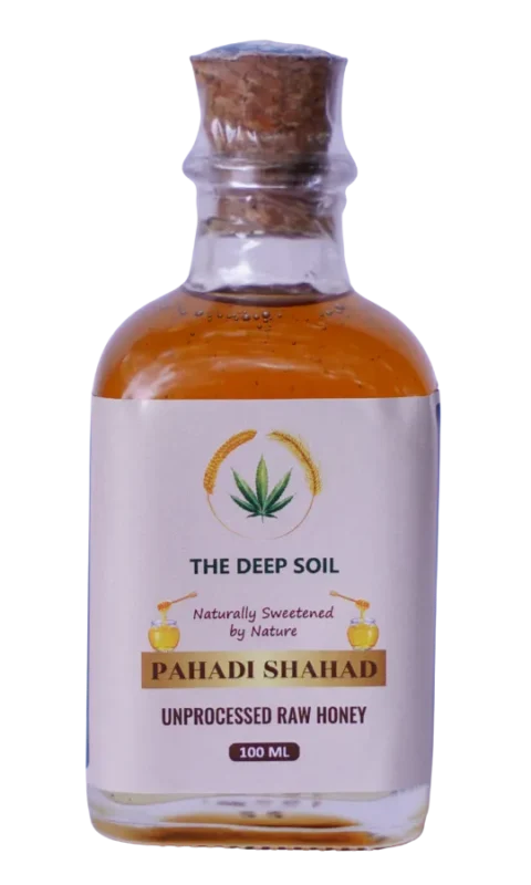 Unprocessed raw pahadi honey in glass bottle by The Deep Soil, naturally sweetened and sourced from Himalayan regions.