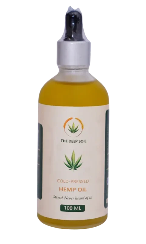 The Deep Soil Cold-Pressed Hemp Oil in 100 ML glass dropper bottle featuring a green hemp leaf logo.