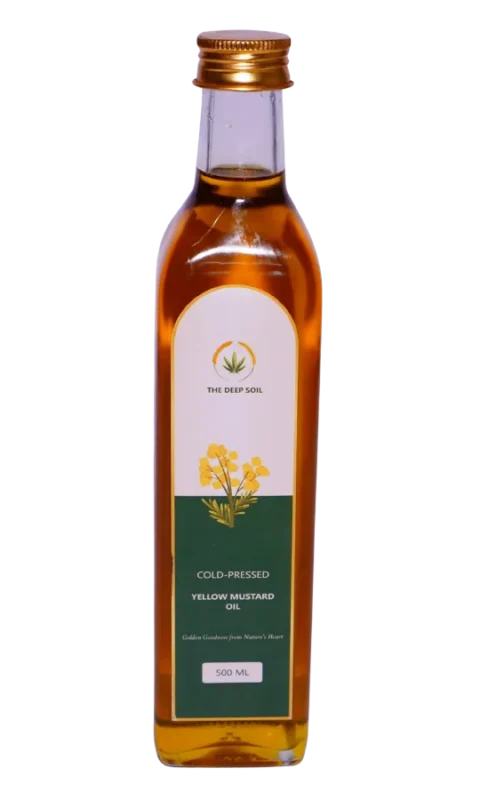 The Deep Soil Cold-Pressed Yellow Mustard Oil, 500 ML, in a clear glass bottle with a yellow mustard flower illustration.