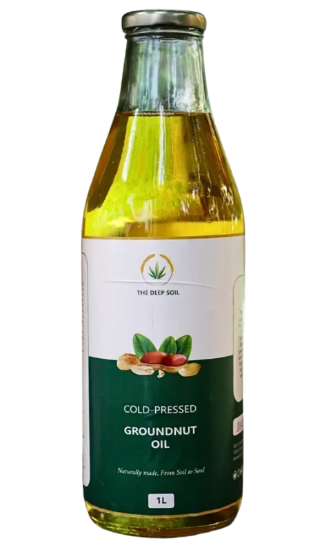 The Deep Soil Cold-Pressed Yellow Mustard Oil in a 500 ML glass bottle with a golden screw cap and mustard flower graphic.