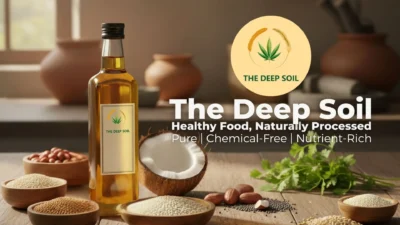 Bottle of The Deep Soil pure cold-pressed almond oil on a wooden table with raw almonds and coconut.