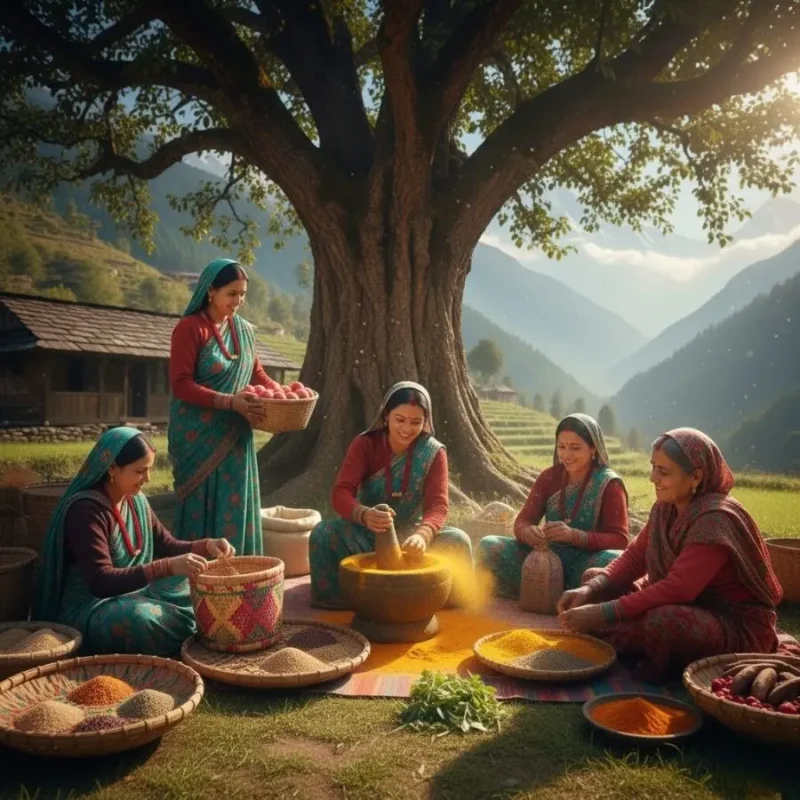Rural women grinding spices and pulses using traditional methods under a tree in the Himalayan region.