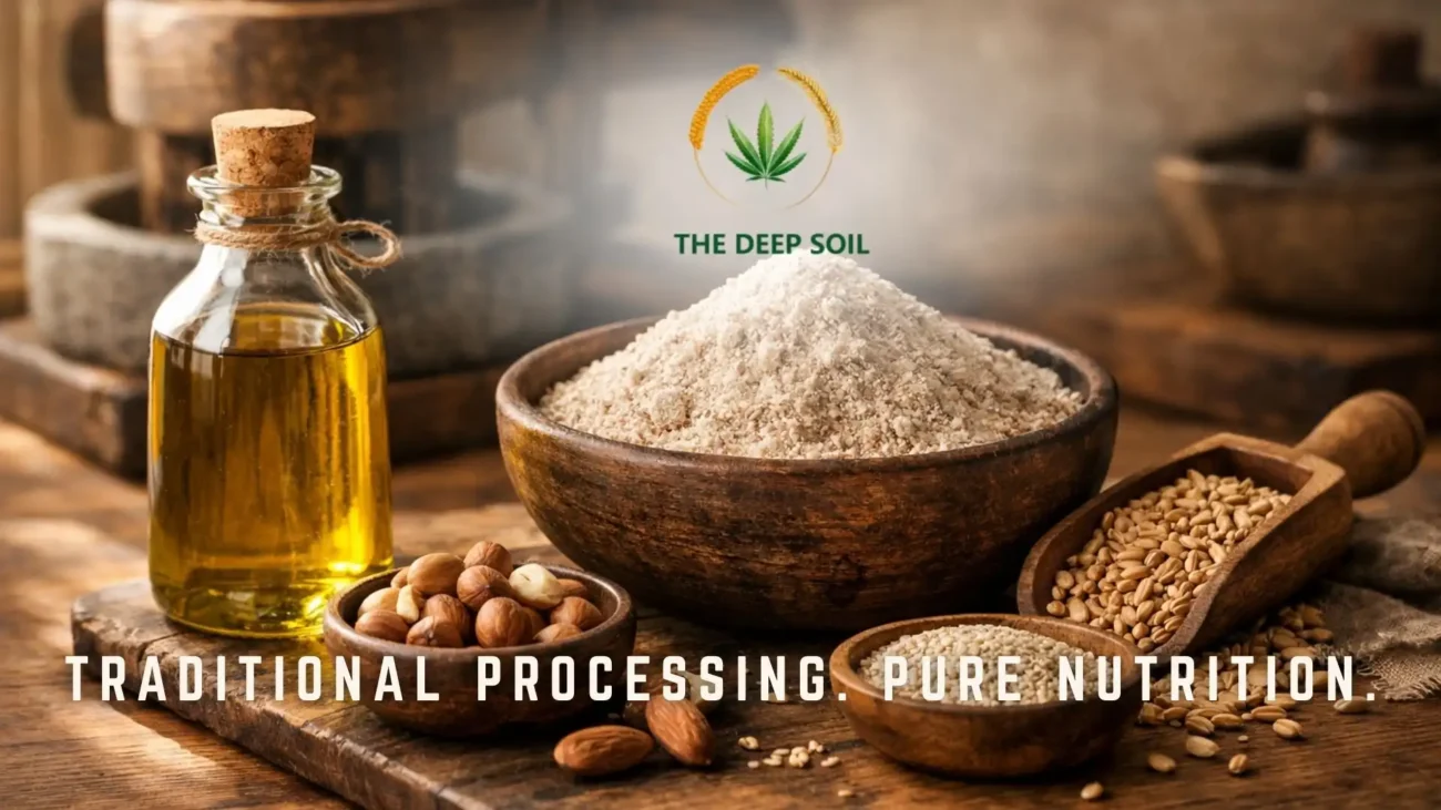 Traditional cold-pressed almond oil bottle next to a bowl of almond flour and raw almonds by The Deep Soil.