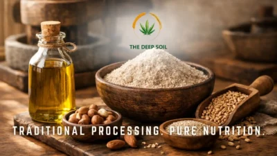 Traditional cold-pressed almond oil bottle next to a bowl of almond flour and raw almonds by The Deep Soil.