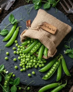 A top-down view of fresh, green garden peas overflowing from a rustic burlap sack with 'The Deep Soil' wooden tag. The peas are spilled onto a dark slate board, surrounded by loose shelled peas and pea tendrils, implying farm-fresh bulk produce.