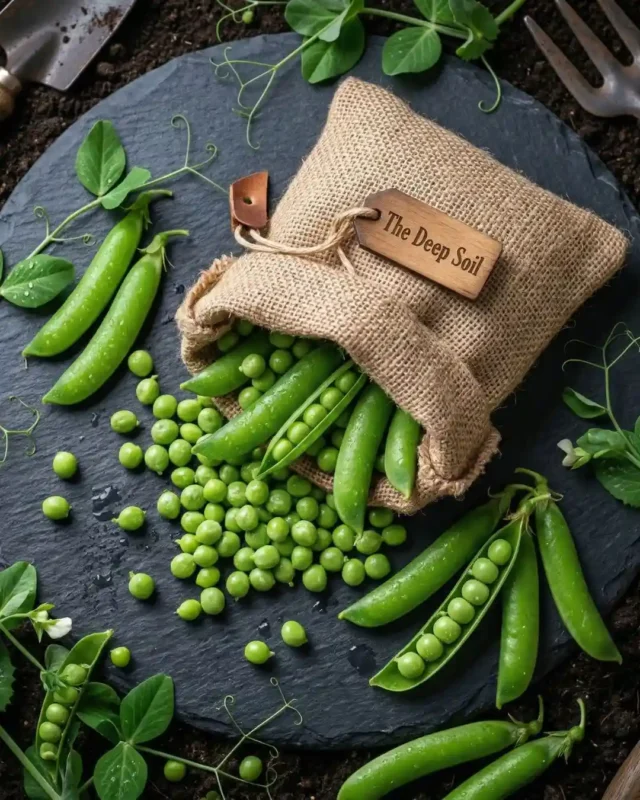 A top-down view of fresh, green garden peas overflowing from a rustic burlap sack with 'The Deep Soil' wooden tag. The peas are spilled onto a dark slate board, surrounded by loose shelled peas and pea tendrils, implying farm-fresh bulk produce.