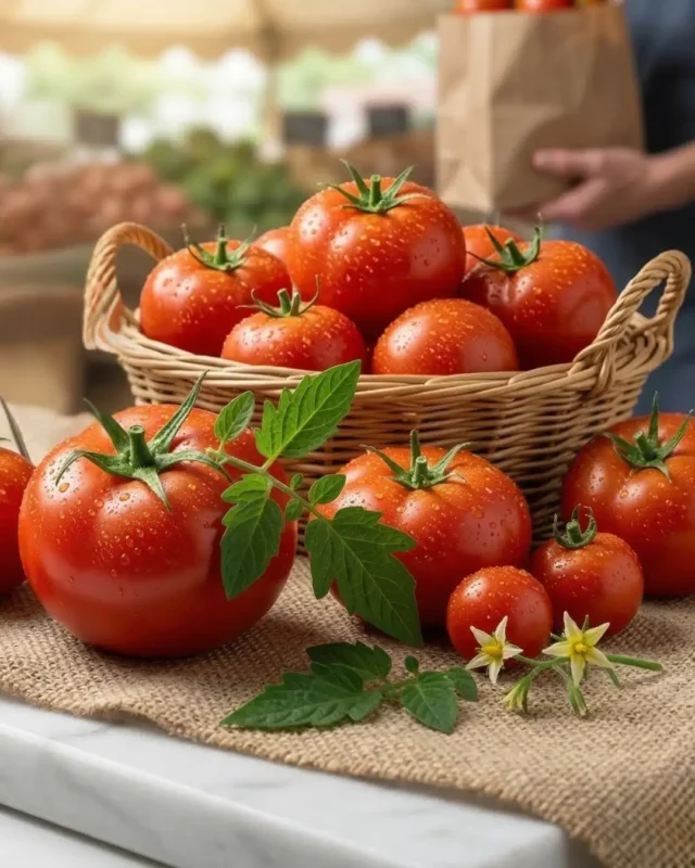 A wicker basket filled with ripe, red, wet tomatoes. Scattered on a burlap sack on a marble surface are more fresh tomatoes, a branch of tomato leaves, and two small yellow tomato flowers. A person is holding a brown paper bag in the blurred background.