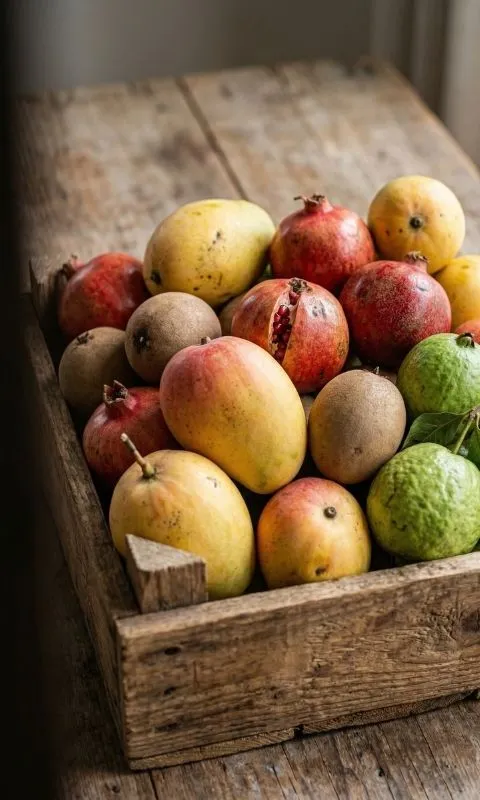 A large wooden crate filled with bulk quantities of fresh organic eggplant, tomatoes, and spinach for wholesale distribution by The Deep Soil.