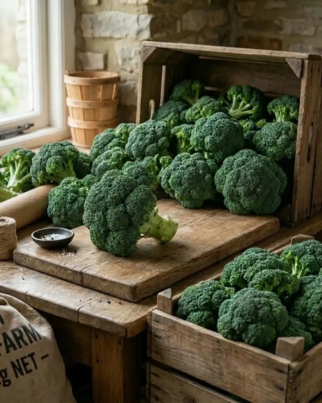 Fresh green broccoli florets in wooden crates and on a rustic table, available to buy online in bulk from The Deep Soil.