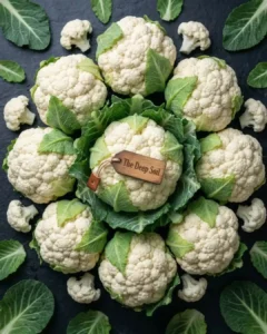 Fresh white cauliflower heads with green leaves and The Deep Soil branding, available to buy online in bulk.