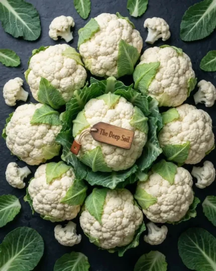 Fresh white cauliflower heads with green leaves and The Deep Soil branding, available to buy online in bulk.