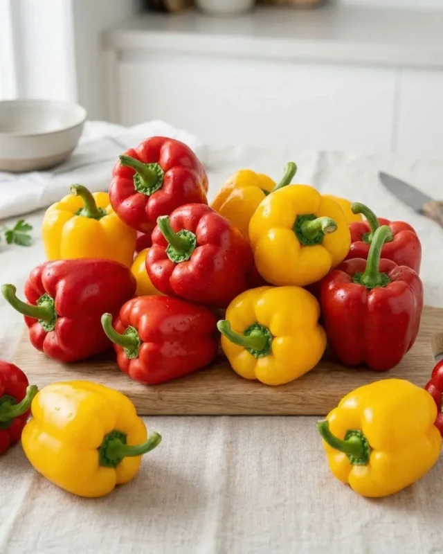 Fresh red and yellow capsicums (bell peppers) piled on a wooden board, available to buy online in bulk.