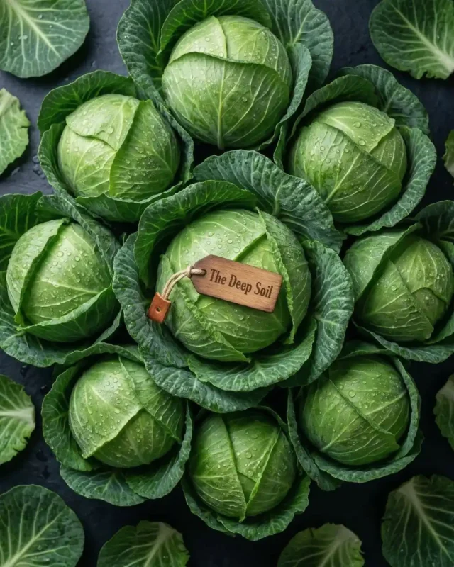 Fresh green cabbages with water droplets and The Deep Soil branding, available for bulk purchase online.