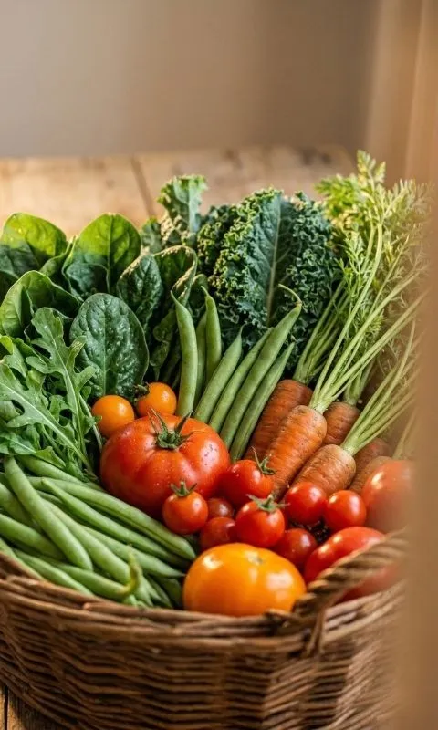 ulk quantities of fresh organic vegetables including kale, carrots, and tomatoes for wholesale distribution by The Deep Soil.