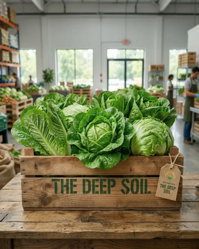 Fresh green romaine lettuce heads in a branded The Deep Soil wooden crate inside a bright warehouse facility.