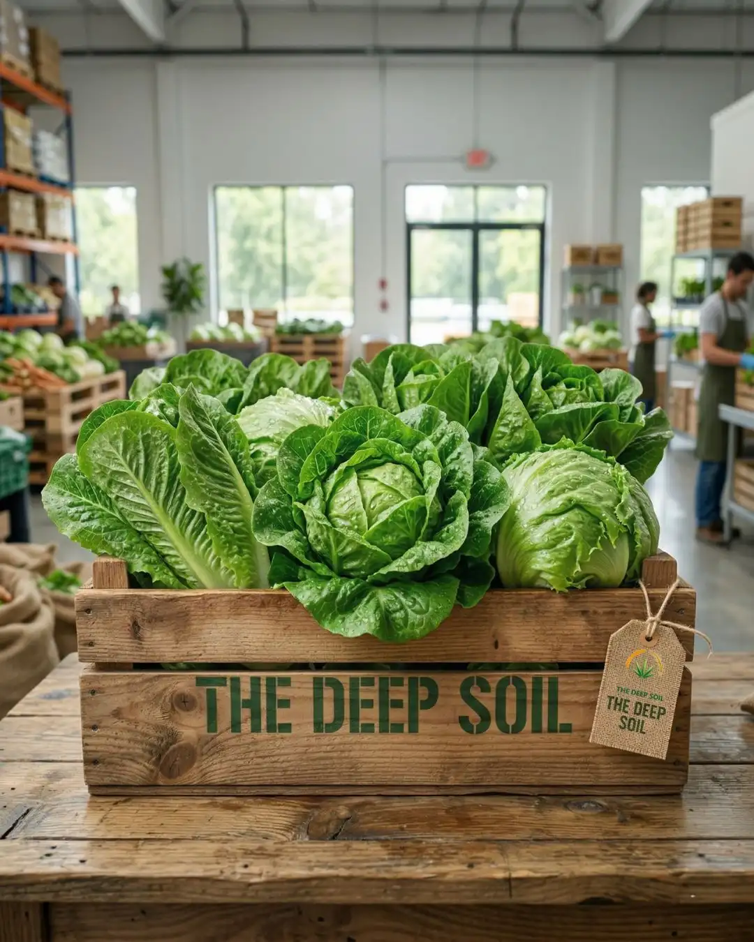Fresh Lettuce Crate - The Deep Soil Farm Produce Fresh green romaine lettuce heads in a branded The Deep Soil wooden crate inside a bright warehouse facility.
