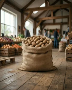 A large burlap sack overflowing with fresh potatoes on a rustic wooden floor at The Deep Soil farm market.