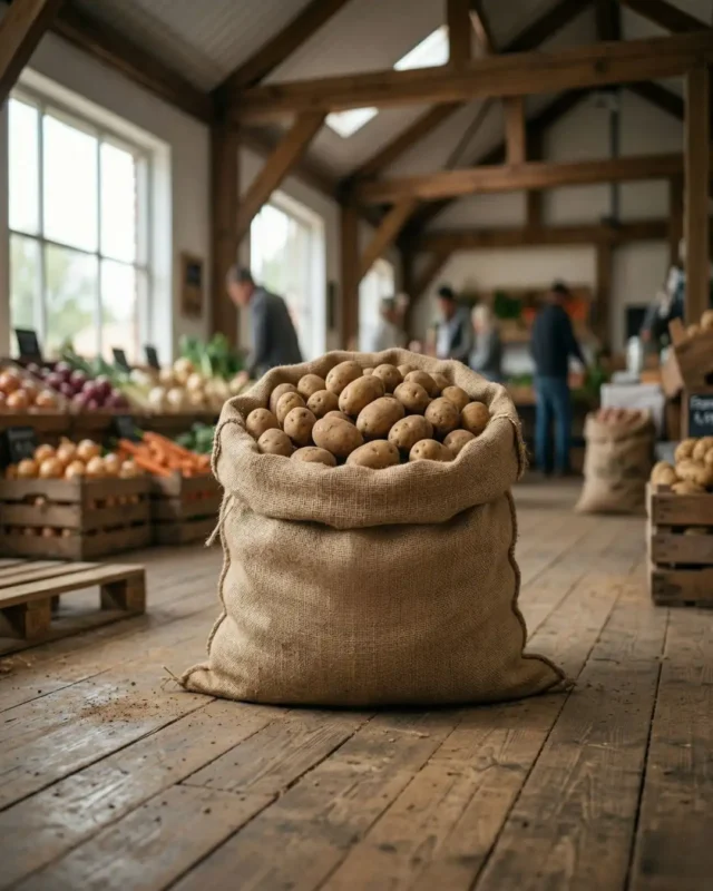 A large burlap sack overflowing with fresh potatoes on a rustic wooden floor at The Deep Soil farm market.