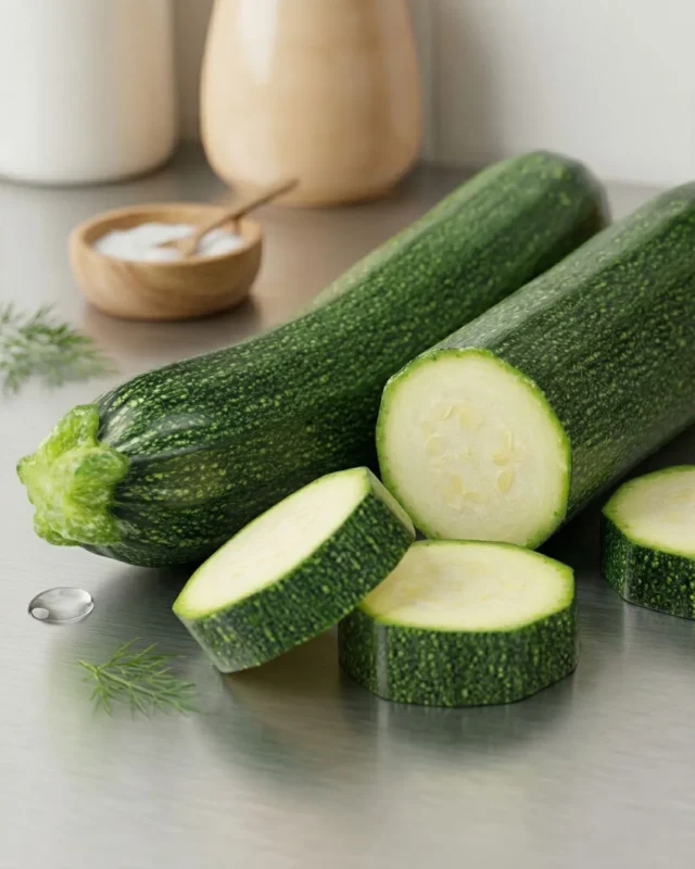 Fresh green zucchini whole and sliced on a modern kitchen counter with a side of salt and dill - The Deep Soil.