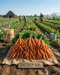 Bunches of fresh harvested orange carrots with green tops on burlap at The Deep Soil farm with farmers in the background.