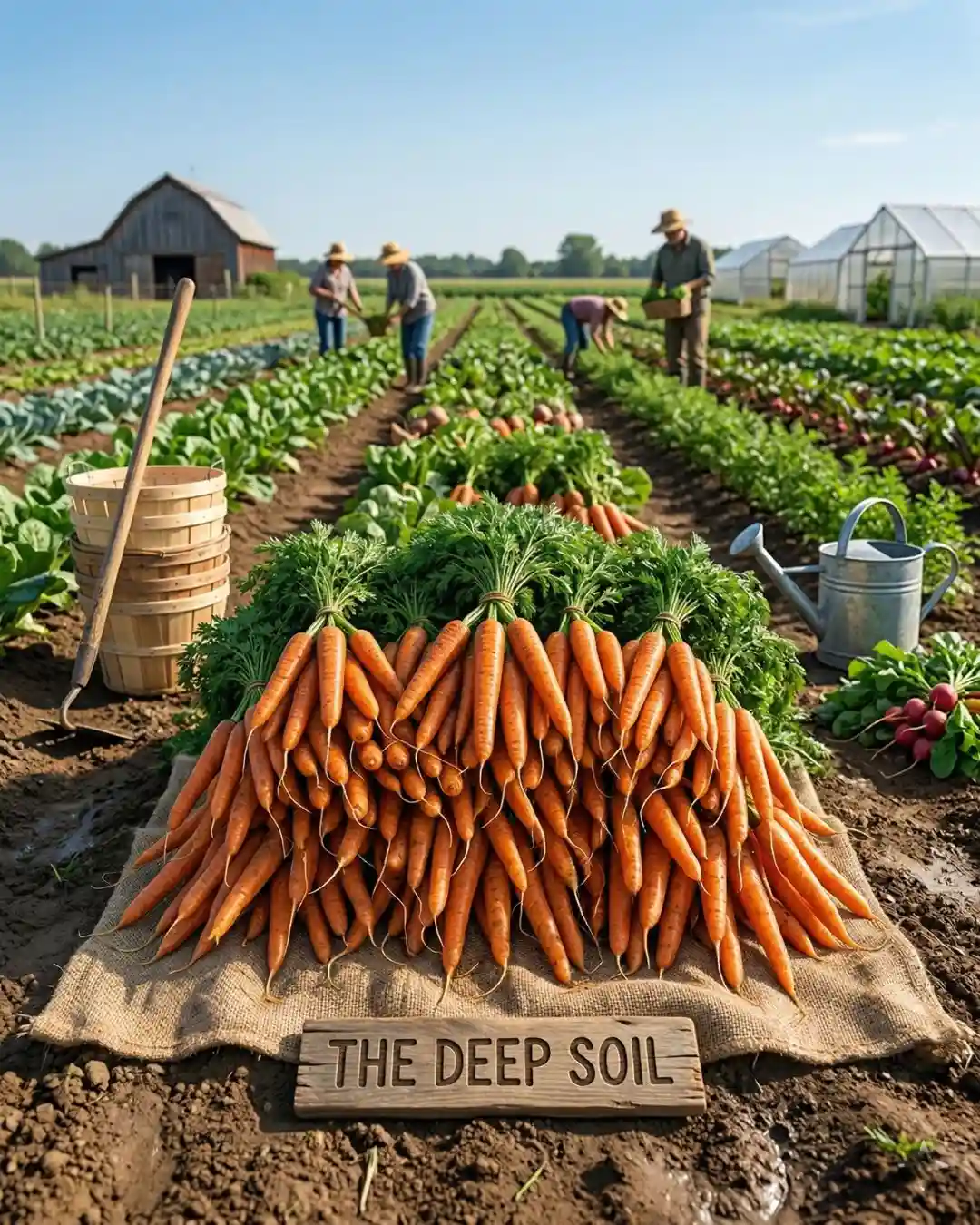 Fresh Farm Carrots - The Deep Soil Organic Harvest Bunches of fresh harvested orange carrots with green tops on burlap at The Deep Soil farm with farmers in the background.
