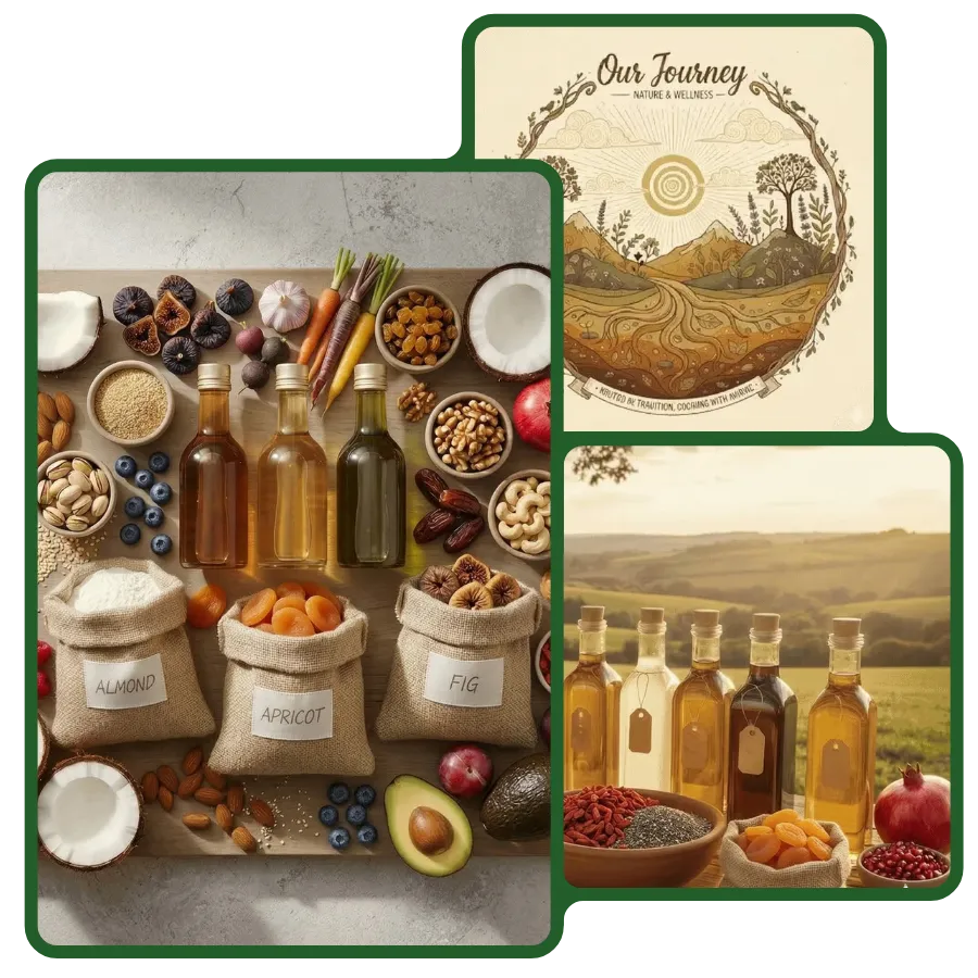 A collage showcasing The Deep Soil’s natural products including bottled organic oils, almond and apricot burlap sacks, and fresh Himalayan produce against a rustic landscape.