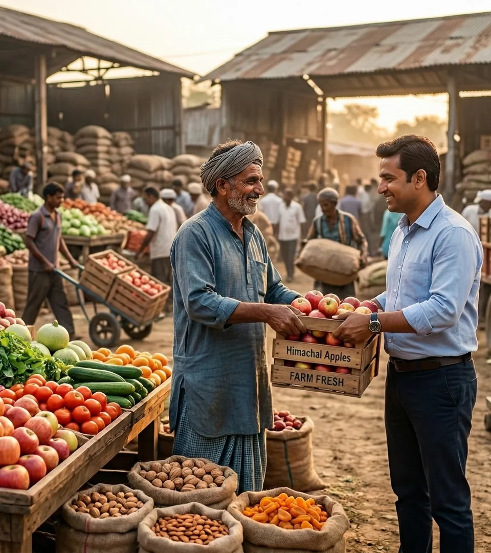 A farmer in a traditional turban handing a crate of fresh Himachal apples to a representative at an Indian wholesale market for The Deep Soil.
