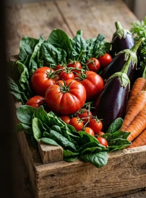 A wooden crate filled with bulk organic eggplants, tomatoes, spinach, and carrots for B2B wholesale distribution by The Deep Soil.