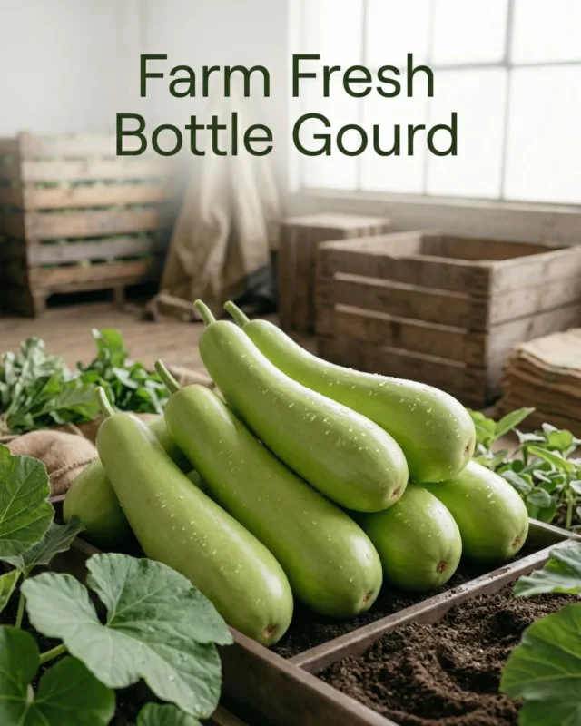 Fresh organic Bottle Gourd (Lauki) harvested from The Deep Soil farm, displayed in a rustic wooden crate.