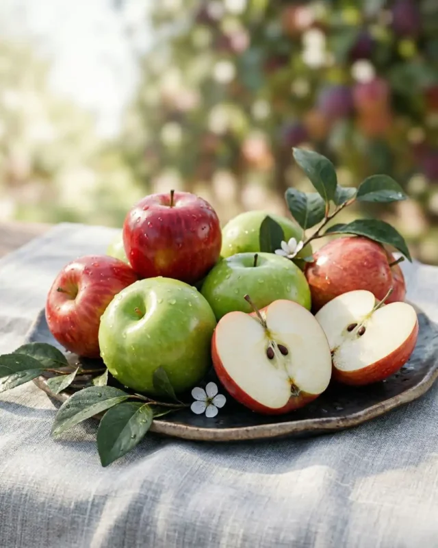A rustic tray holding fresh red and green apples with water droplets, showing a perfect slice, available when you buy fresh apples online India.