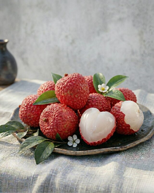 Premium red lychee fruit from The Deep Soil on a rustic plate, showing a peeled litchi with its translucent white juicy flesh. Buy fresh lychee online India.